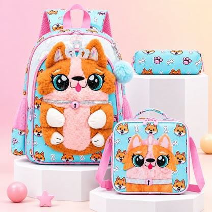 3D Cute Corgi Dog Plush School Bag Set - Backpack + Lunch Bag + Pencil Case