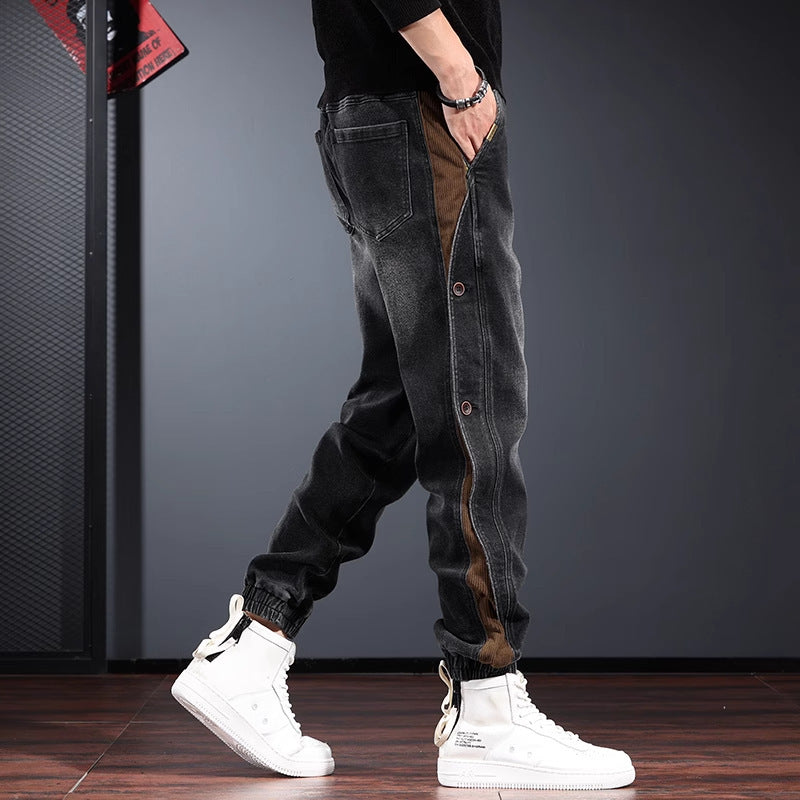 Men's Retro Denim Joggers with Corduroy Trim