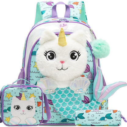 3-Piece Cute 3D Mermaid Caticorn School Bag Set - Backpack + Lunch Bag + Pencil Case