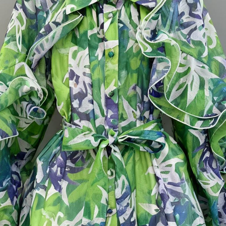 Blossom Waist-Cinching Ruffled Long Sleeve Dress.