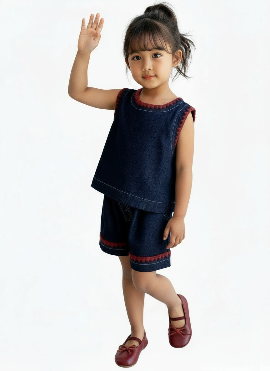Girl's Bow Denim Summer Clothes 2pcs Set