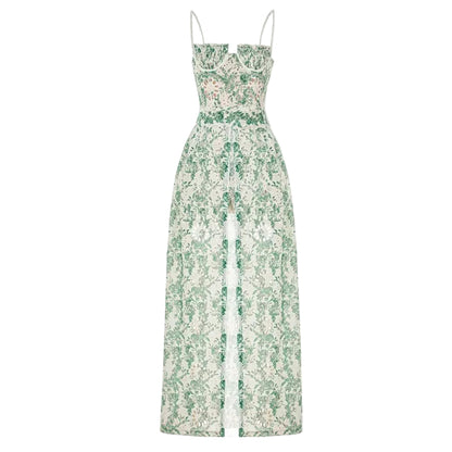 Mystique Embroidered Long Front Slit Corset Dress with Shorts.