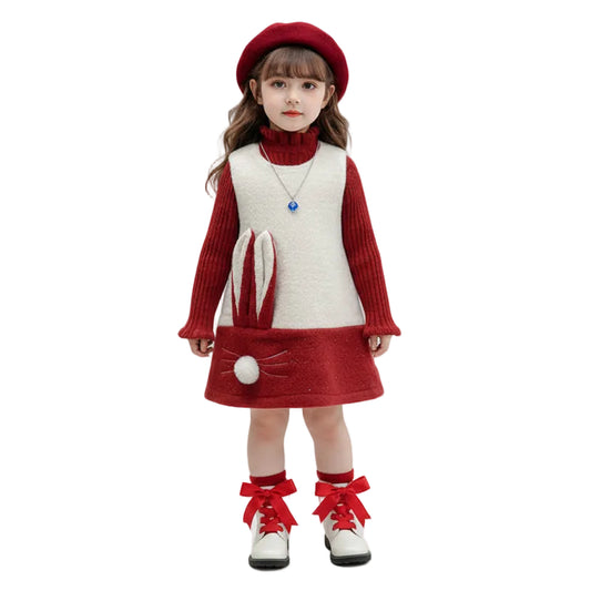 Girls Red Ribbed Turtleneck & Bunny Fleece Dress 2-Piece Outfit Set