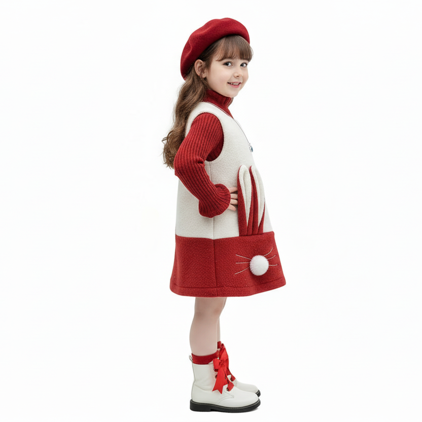 Girls Red Ribbed Turtleneck & Bunny Fleece Dress 2-Piece Outfit Set
