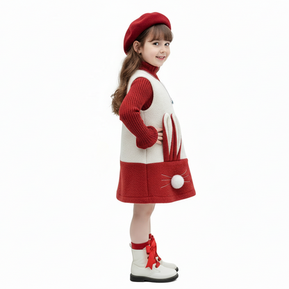 Girls Red Ribbed Turtleneck & Bunny Fleece Dress 2-Piece Outfit Set