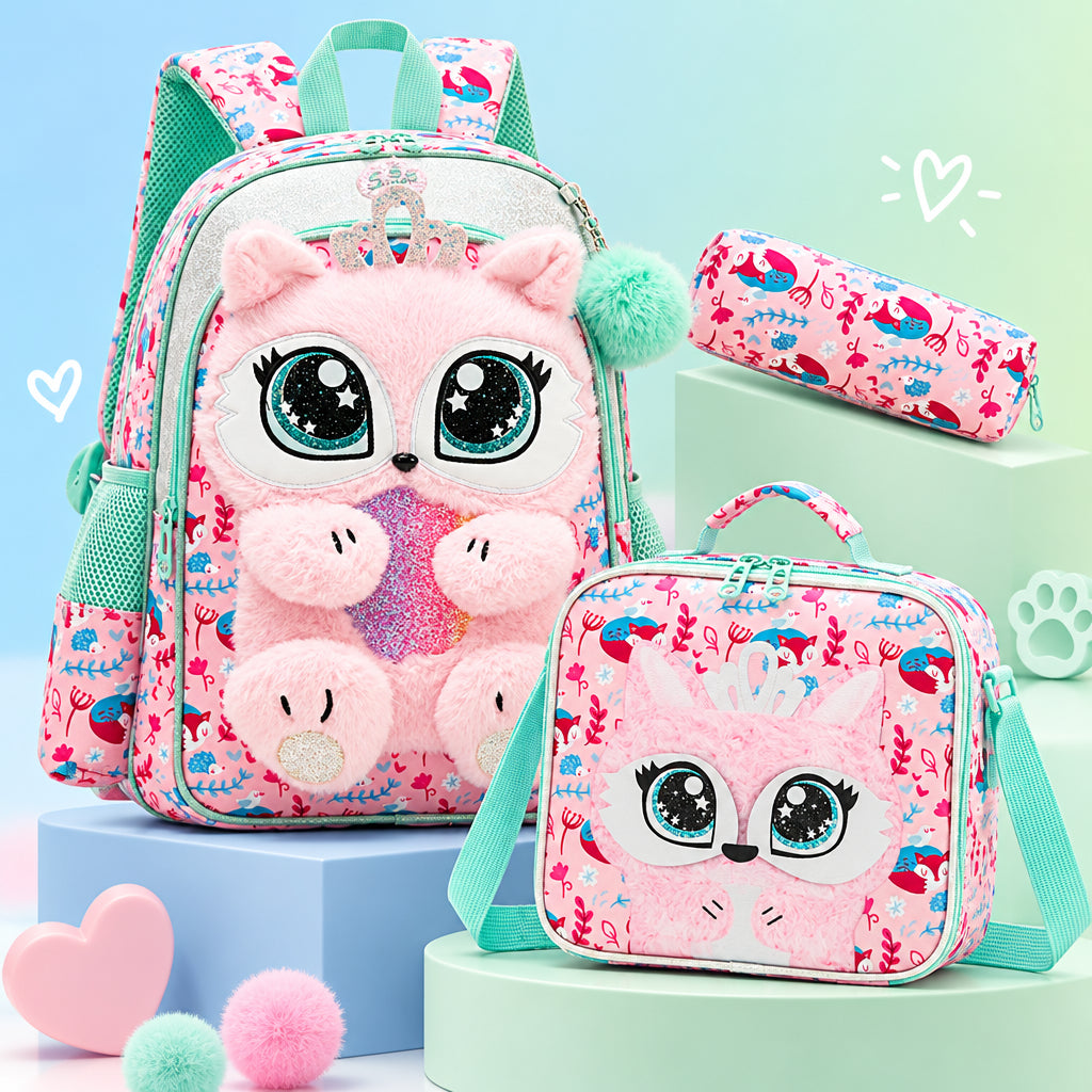 3-Piece Cute 3D Fluffy Pink Cat School Bag Set - Backpack + Lunch Bag + Pencil Case
