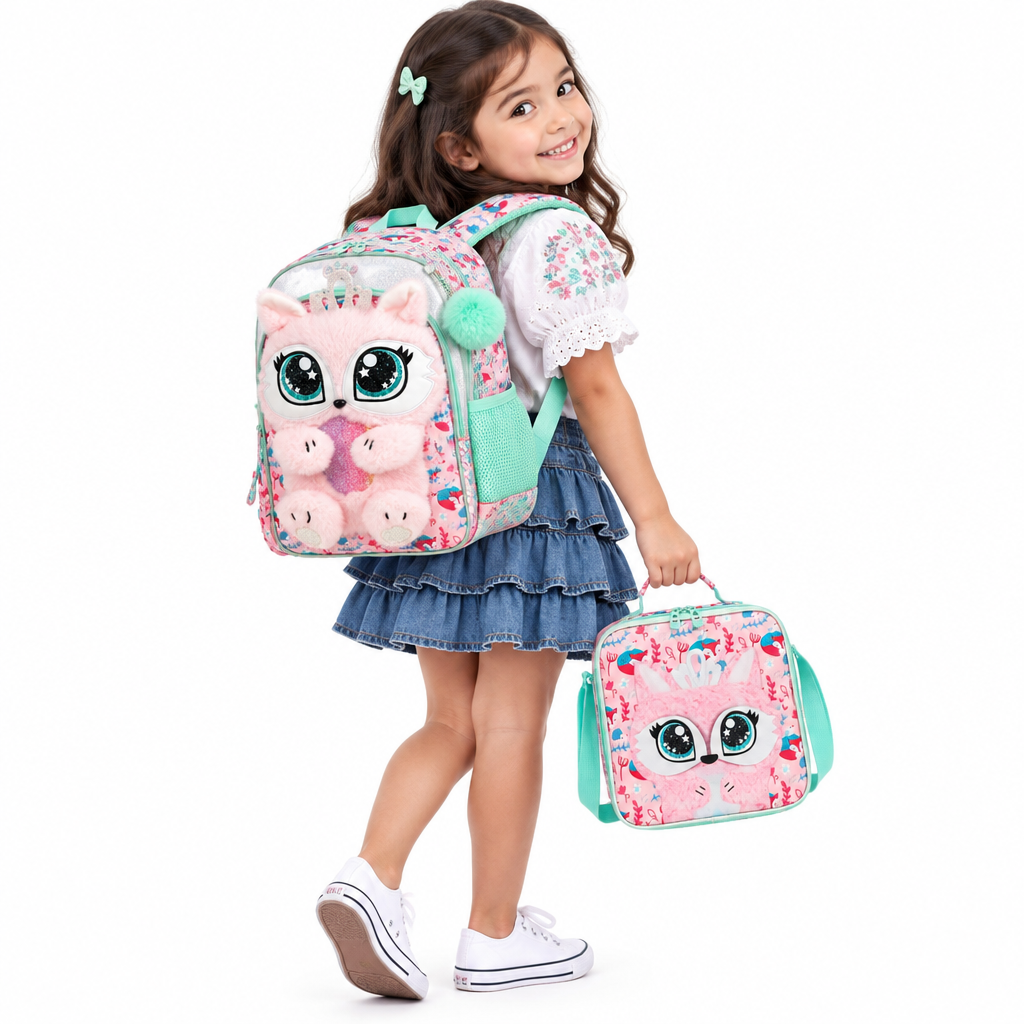 3-Piece Cute 3D Fluffy Pink Cat School Bag Set - Backpack + Lunch Bag + Pencil Case