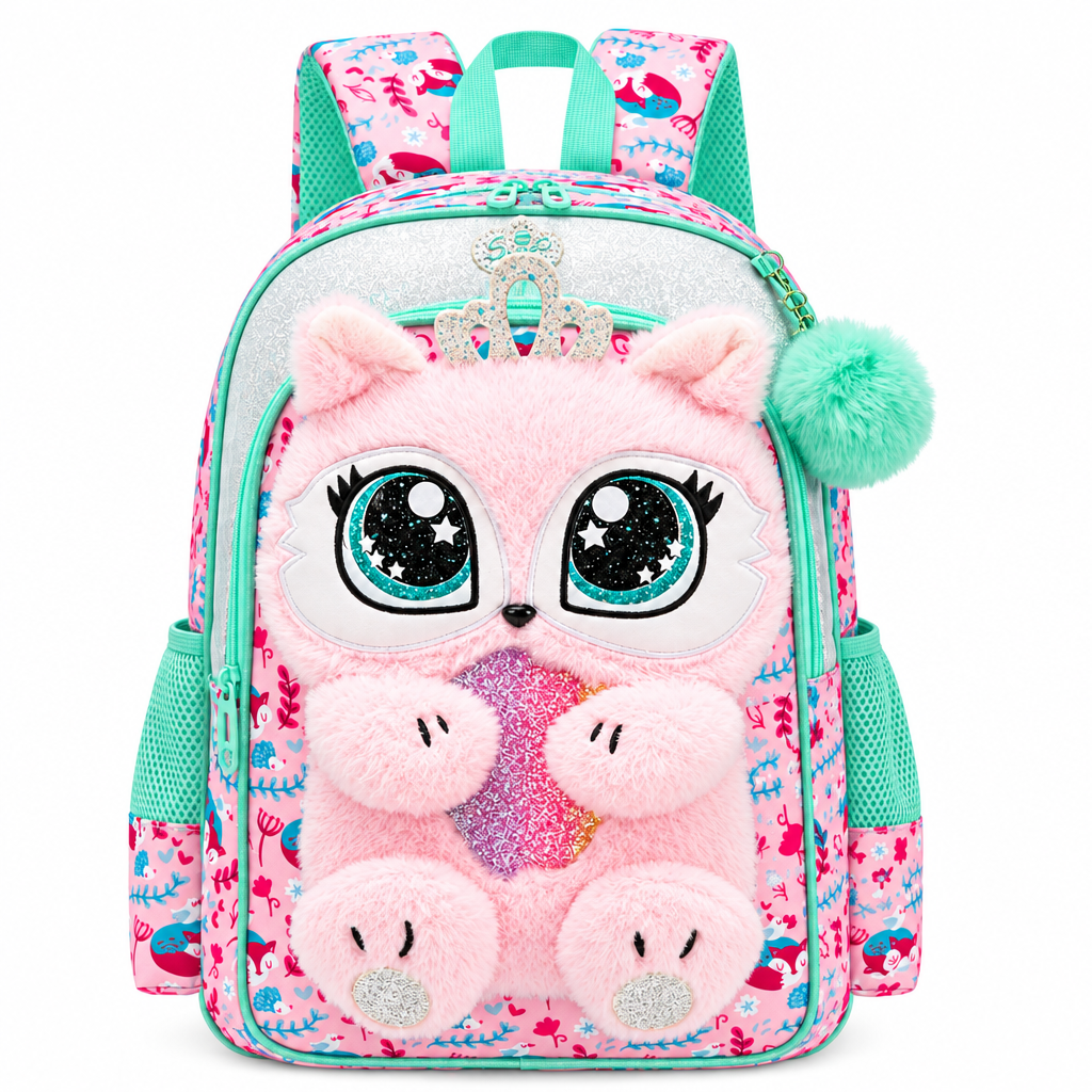 3-Piece Cute 3D Fluffy Pink Cat School Bag Set - Backpack + Lunch Bag + Pencil Case