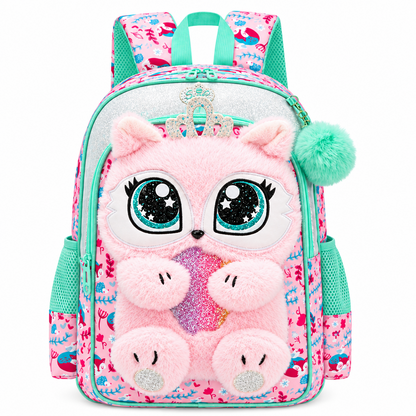 3-Piece Cute 3D Fluffy Pink Cat School Bag Set - Backpack + Lunch Bag + Pencil Case