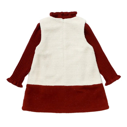Girls Red Ribbed Turtleneck & Bunny Fleece Dress 2-Piece Outfit Set