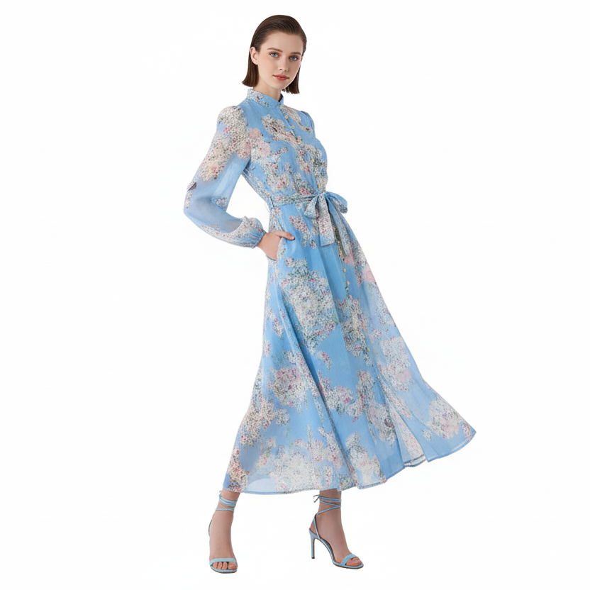 Fleura Embroidered Long Lantern Dress