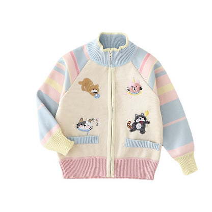 Girls' Cute Cartoon Cat Knitted Zip-Up Sweater Jacket