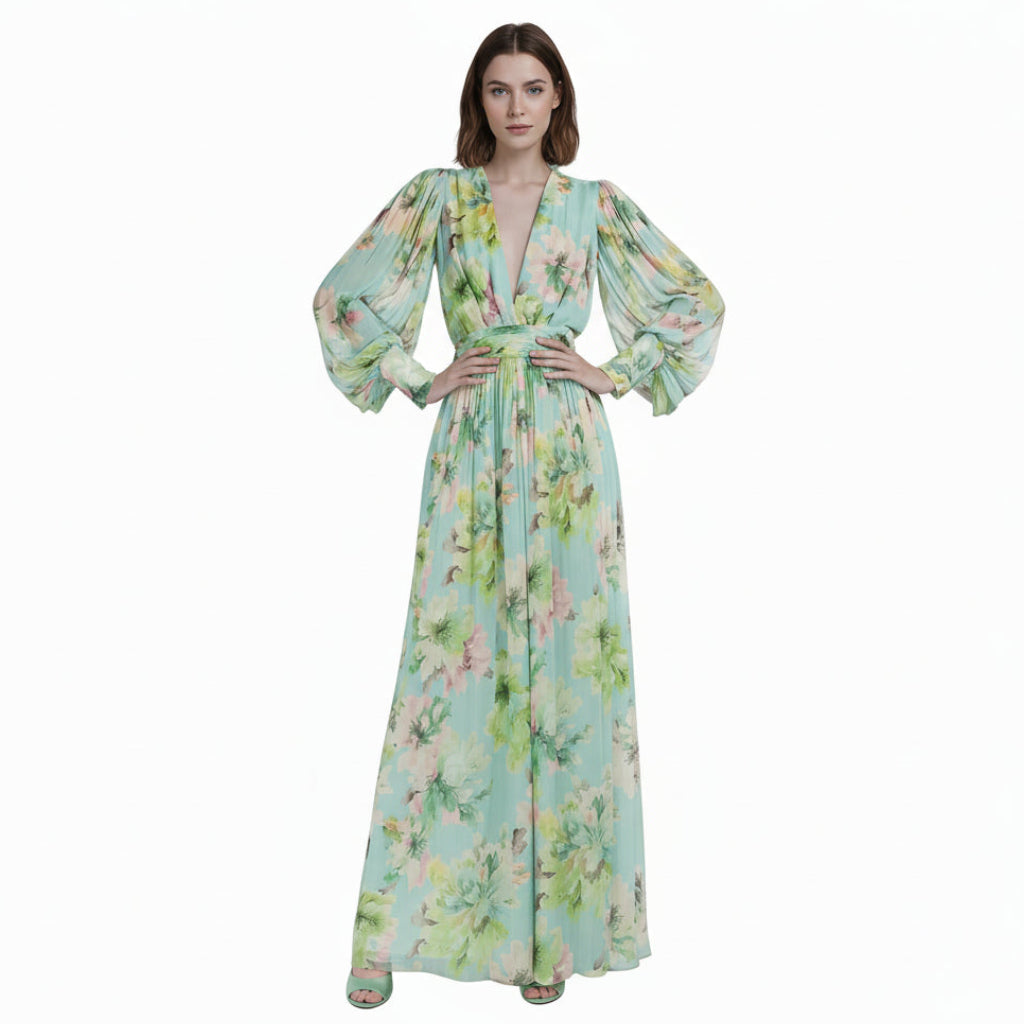 Green Hera Long Lantern Sleeve Maxi Dress