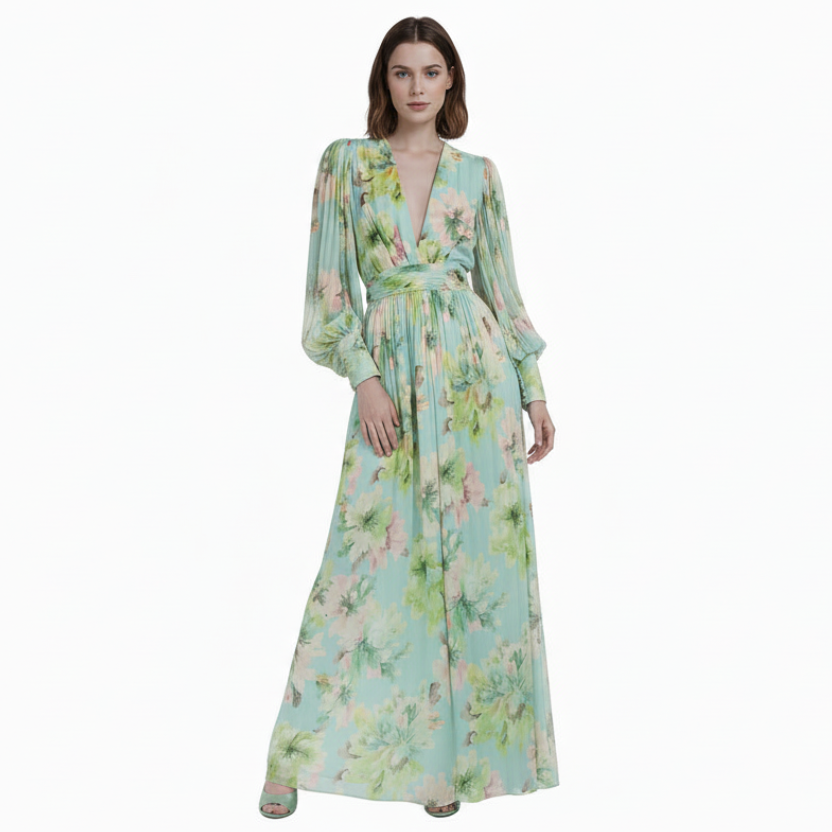 Green Hera Long Lantern Sleeve Maxi Dress