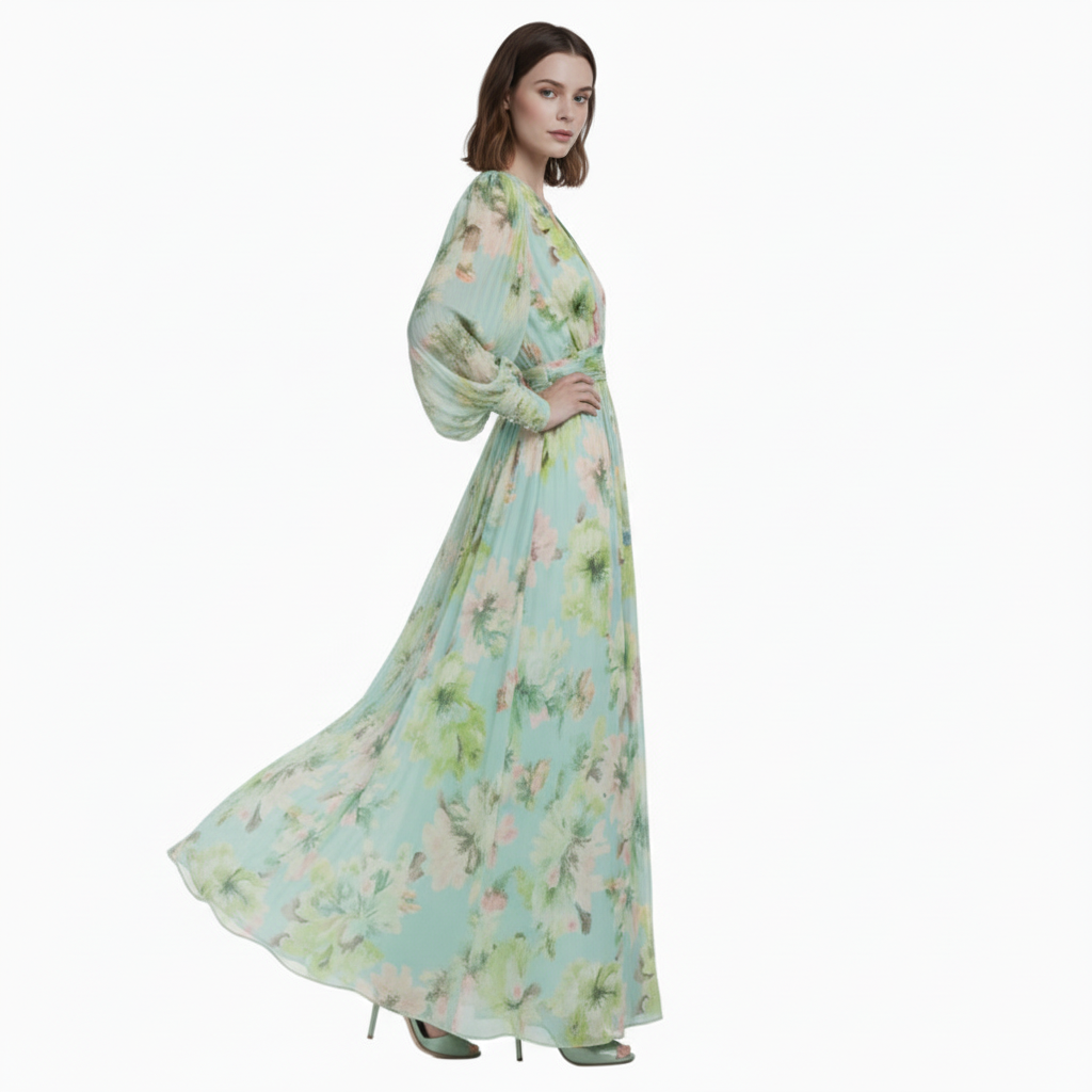 Green Hera Long Lantern Sleeve Maxi Dress
