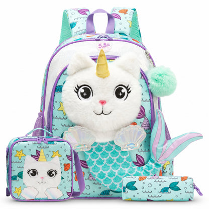 3-Piece Cute 3D Mermaid Caticorn School Bag Set - Backpack + Lunch Bag + Pencil Case