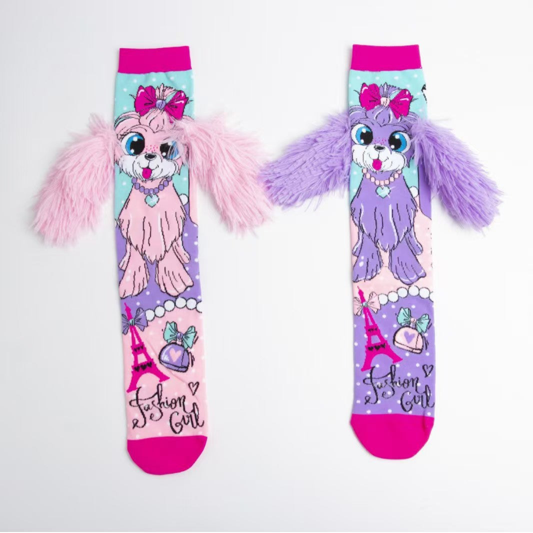 Puppy In Paris Children's Adorable Mismatched 3D Knee-High Crazy Socks