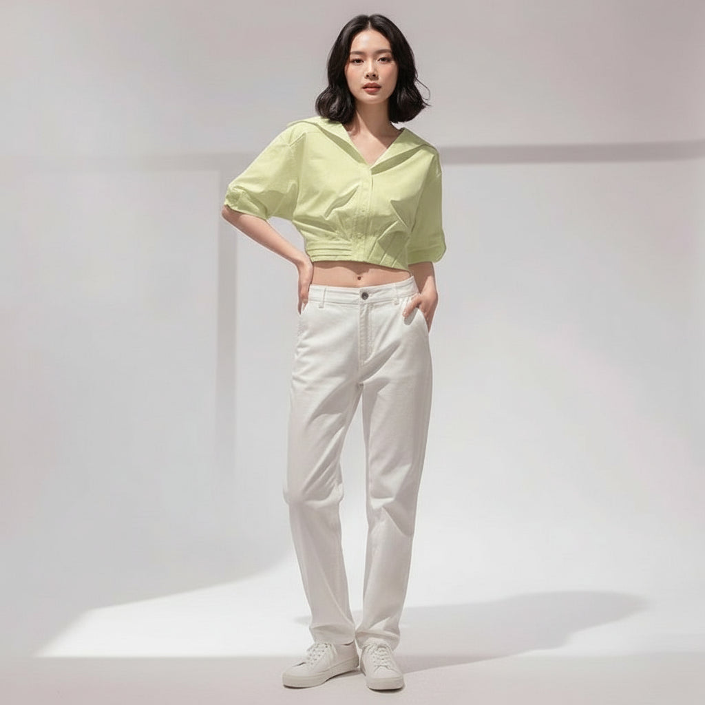 Women Lapel Short-Sleeved Cropped Shirt