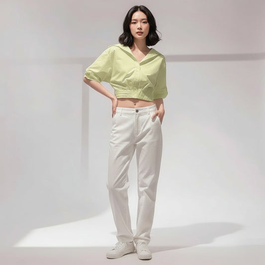 Women Lapel Short-Sleeved Cropped Shirt