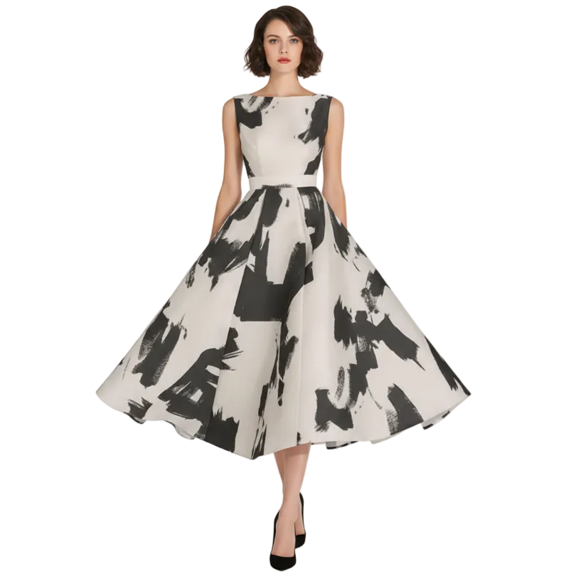 Flare Monochrome Jacquard Sleeveless Dress.