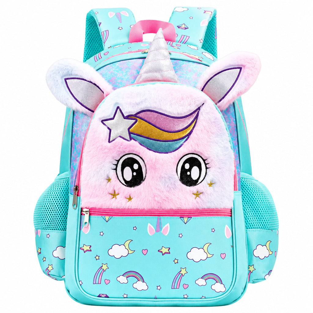 Girl's Fluffy Blue Unicorn School Backpack