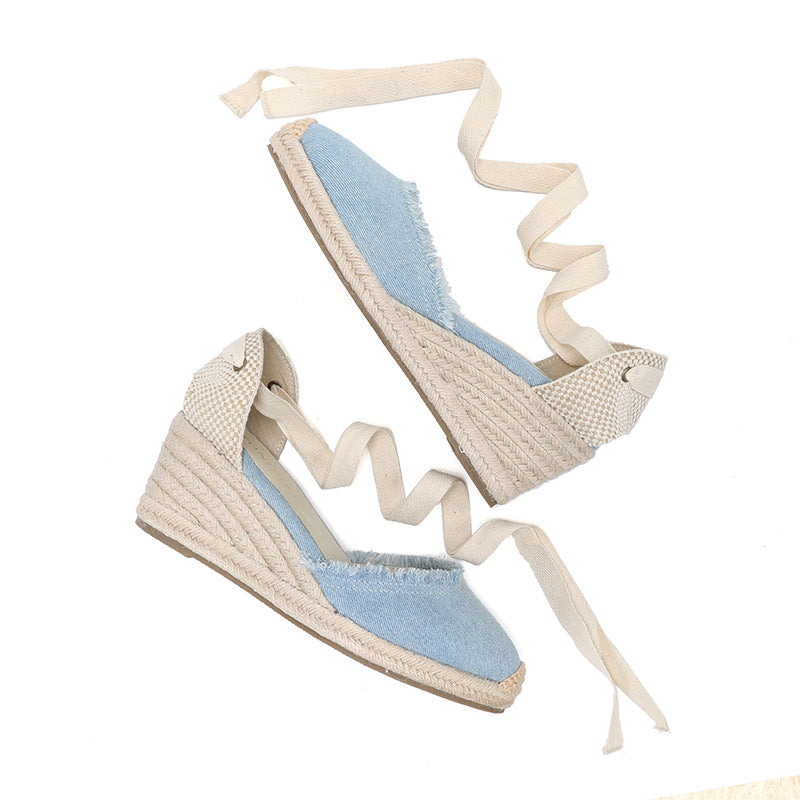 TONIVIS Women's Linen Espadrille 7cm High Wedge Sandals