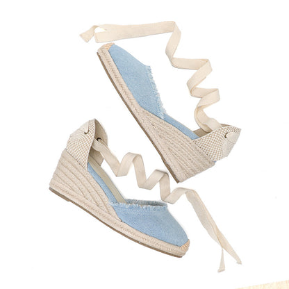 TONIVIS Women's Linen Espadrille 7cm High Wedge Sandals