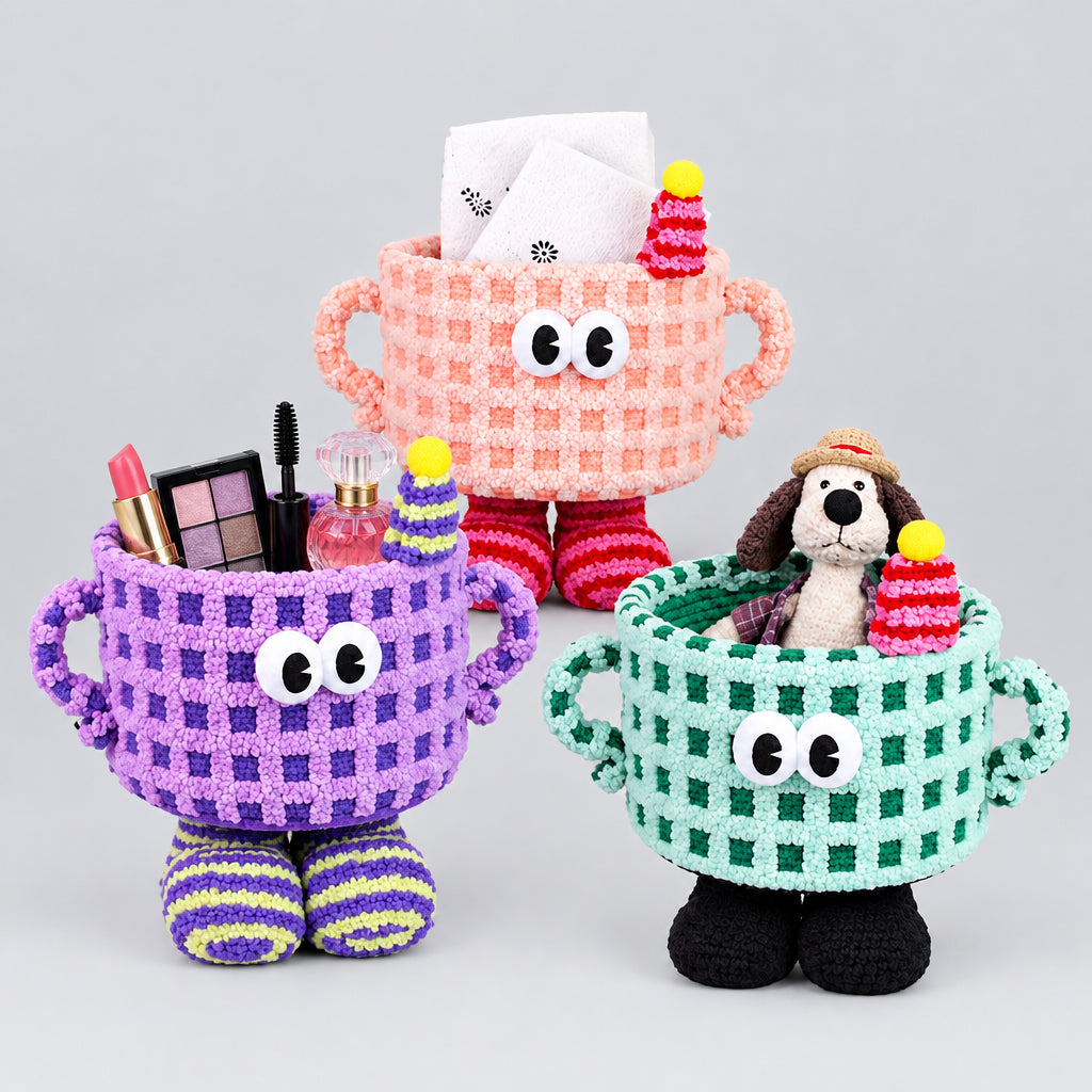 Adorable 3D Checkerboard Monster Storage Basket with Feet