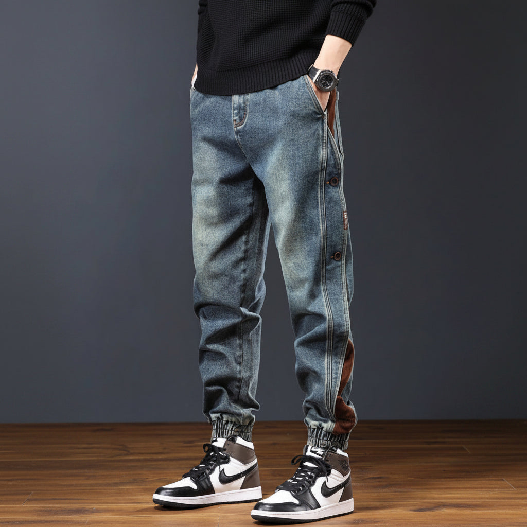 Men's Retro Denim Joggers with Corduroy Trim