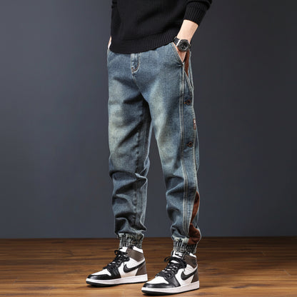 Men's Retro Denim Joggers with Corduroy Trim