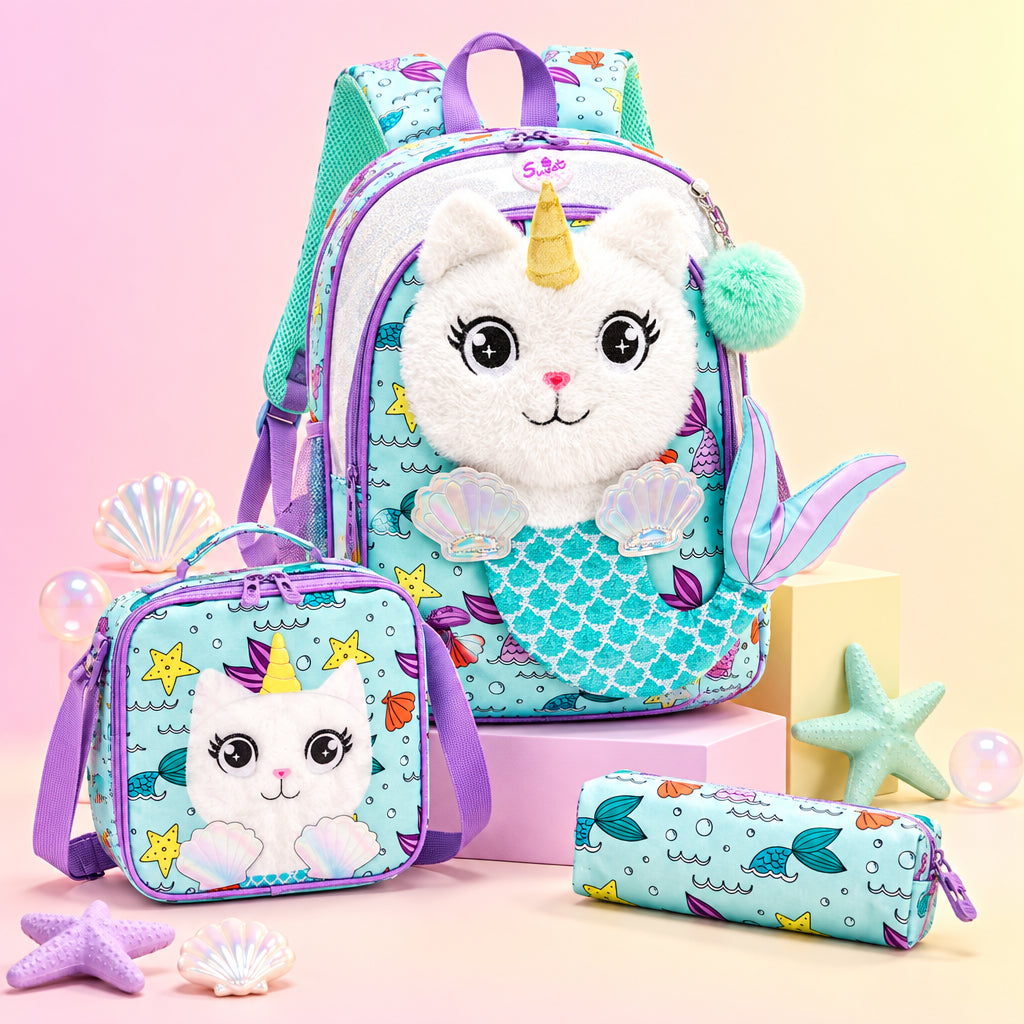 3-Piece Cute 3D Mermaid Caticorn School Bag Set - Backpack + Lunch Bag + Pencil Case