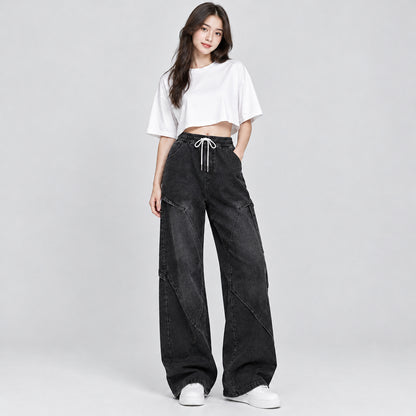 Women's Wide-Leg Paneled Baggy Jeans with Drawstring Waist
