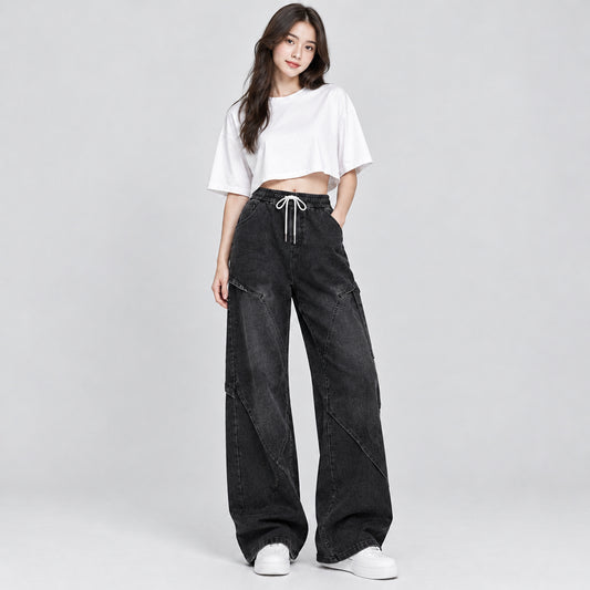 Women's Wide-Leg Paneled Baggy Jeans with Drawstring Waist