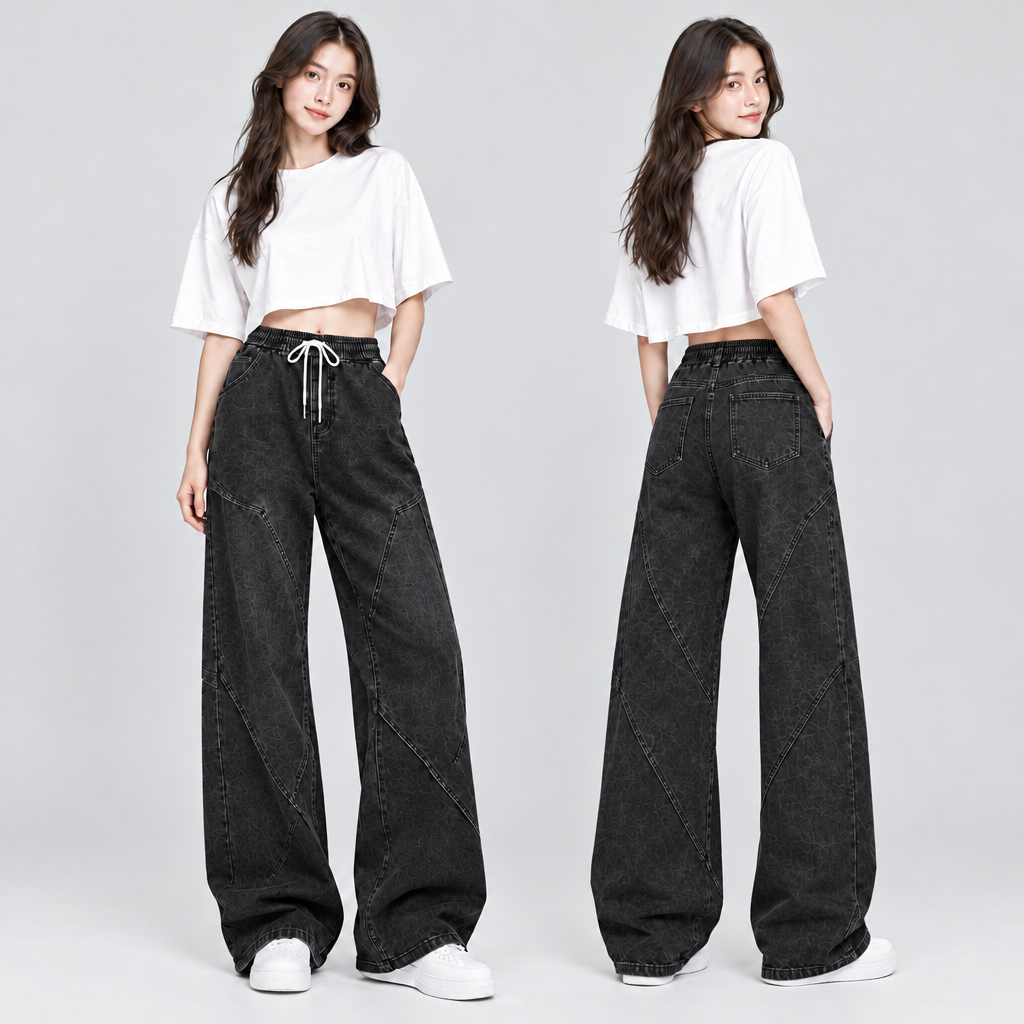 Women's Wide-Leg Paneled Baggy Jeans with Drawstring Waist