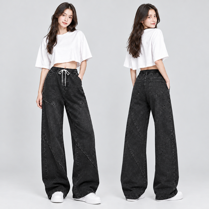 Women's Wide-Leg Paneled Baggy Jeans with Drawstring Waist