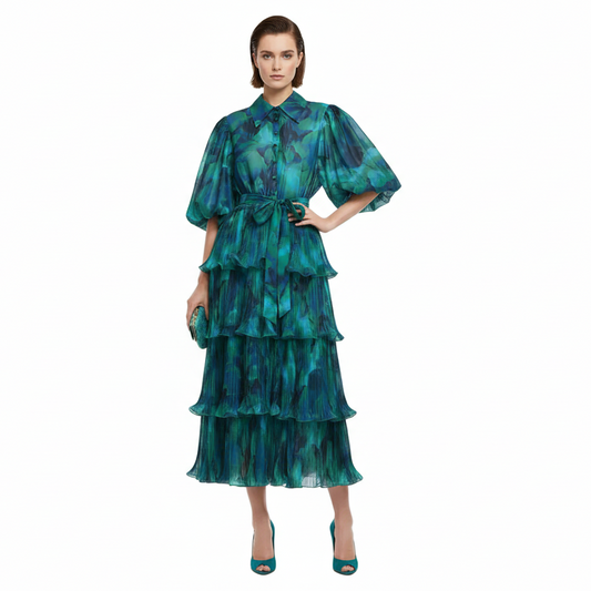 Roseate Puff Sleeve Volume Midi Dress