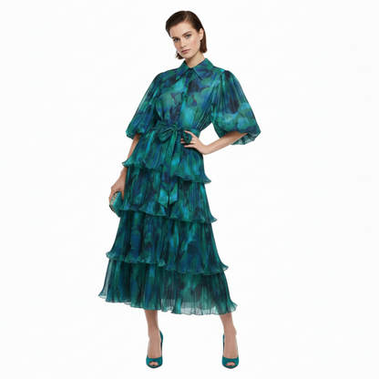 Roseate Puff Sleeve Volume Midi Dress