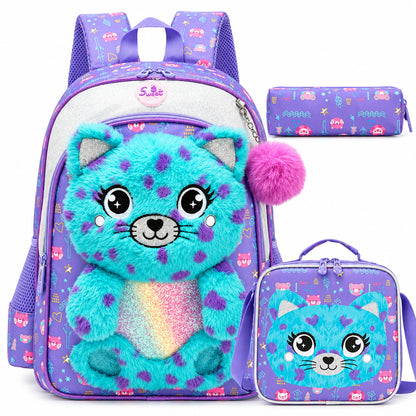 3-Piece Cute 3D Plush Teal Cat School Bag Set - Backpack + Lunch Bag + Pencil Case