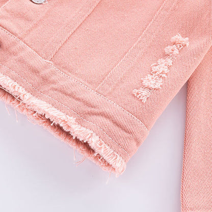 Girl's Bright and Fun Pink Distressed Denim Jacket