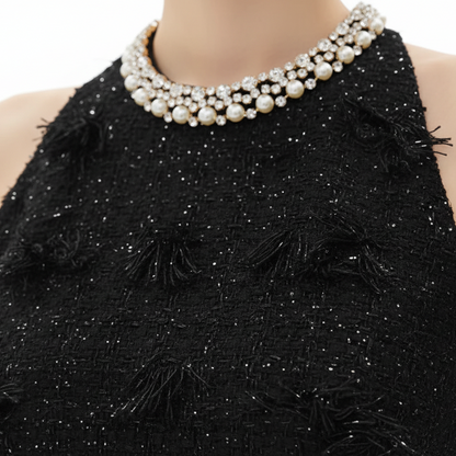 Prestige Tweed Jeweled Neckline Halter Mini Dress.