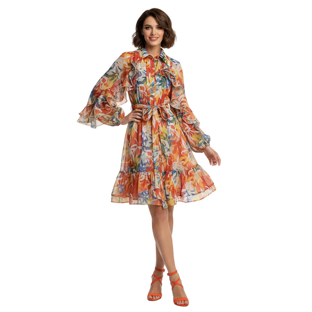 Blossom Waist-Cinching Ruffled Long Sleeve Dress.
