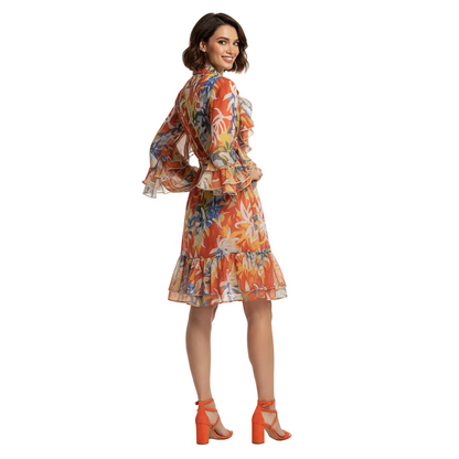 Blossom Waist-Cinching Ruffled Long Sleeve Dress