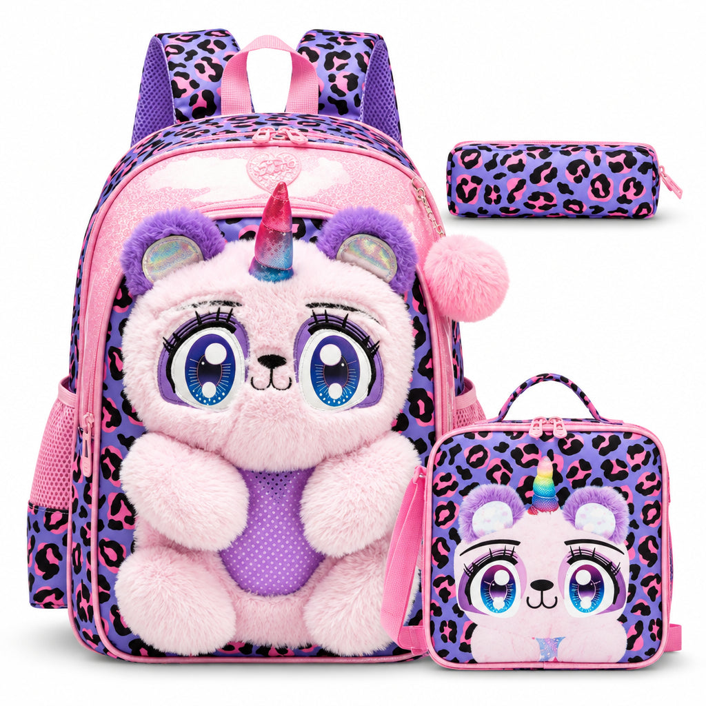 3-Piece 3D Plush Unicorn Bear School Bag Set / Backpack + Lunch Bag + Pencil Case