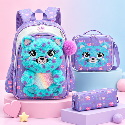 3-Piece Cute 3D Plush Teal Cat School Bag Set - Backpack + Lunch Bag + Pencil Case