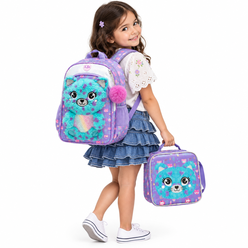 3-Piece Cute 3D Plush Teal Cat School Bag Set - Backpack + Lunch Bag + Pencil Case