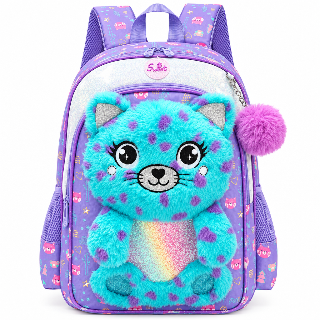3-Piece Cute 3D Plush Teal Cat School Bag Set - Backpack + Lunch Bag + Pencil Case