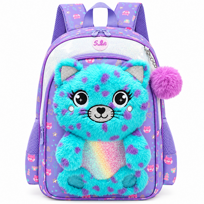 3-Piece Cute 3D Plush Teal Cat School Bag Set - Backpack + Lunch Bag + Pencil Case