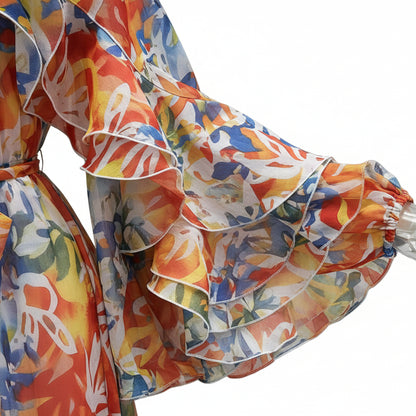 Blossom Waist-Cinching Ruffled Long Sleeve Dress.