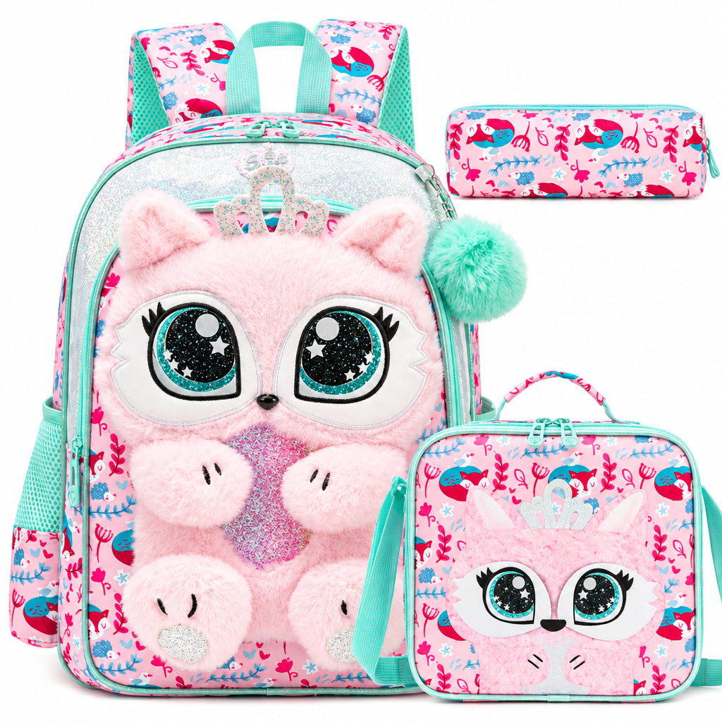 3-Piece Cute 3D Fluffy Pink Cat School Bag Set - Backpack + Lunch Bag + Pencil Case