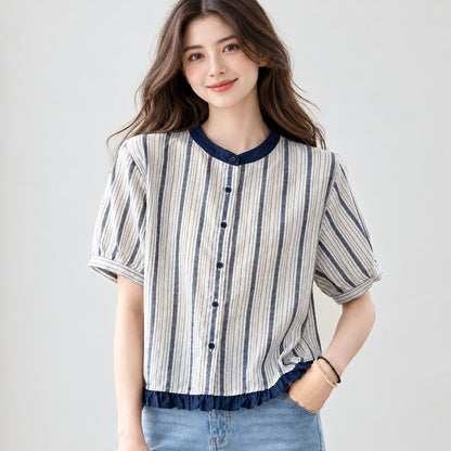 Women's Ruffle Hem Casual Striped Short Sleeve Blouse